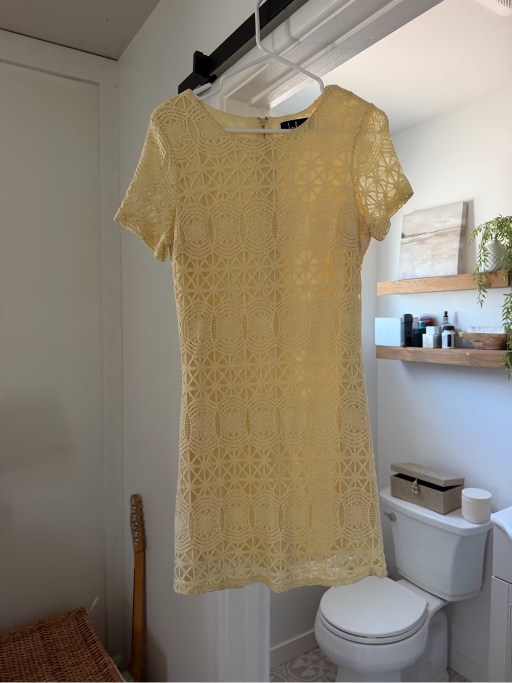 Lulu's Pale Yellow Crochet Shift Mini Dress